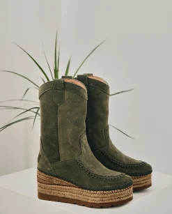 Bota Cowboy en serraje kaki Creta