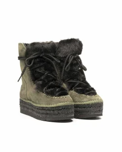 Botin con pelo en serraje kaki Merce Doble