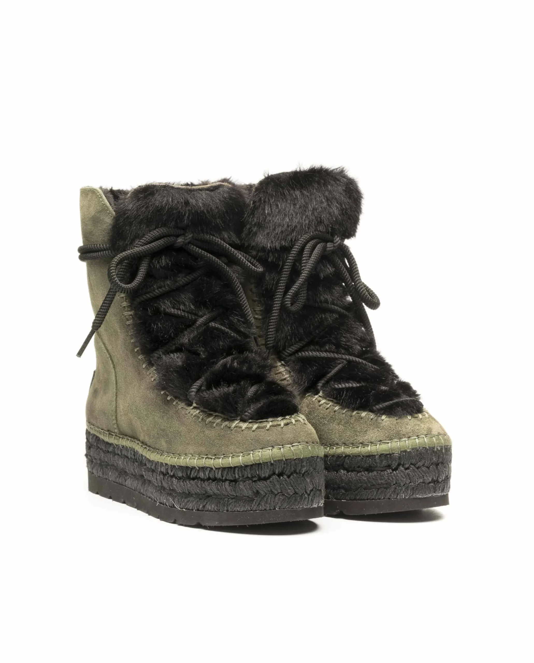 Botin con pelo en serraje kaki Merce Doble