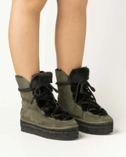 Botin con pelo en serraje kaki Merce Doble