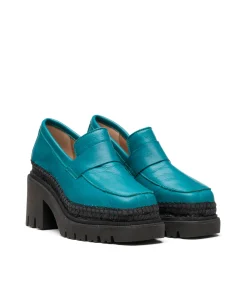 Mocasín de tacón en velvet verde Panteta