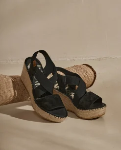 Sandalia elásticos en serraje negro Dominica