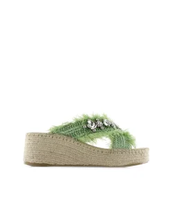 Zueco cruzado en rafia cristal verde Vinci